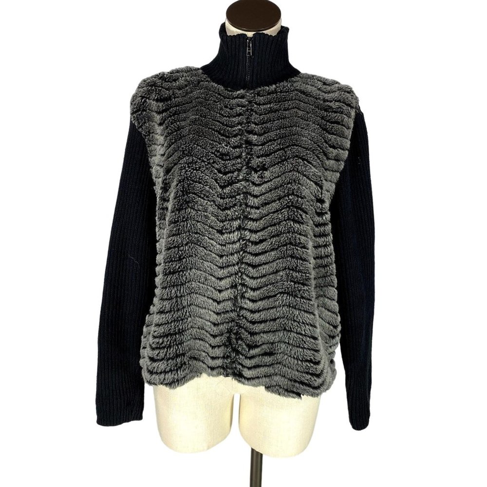 Cotton Country by Parkhurst Women's Medium Black Gray Faux Fur Sweater Jacket